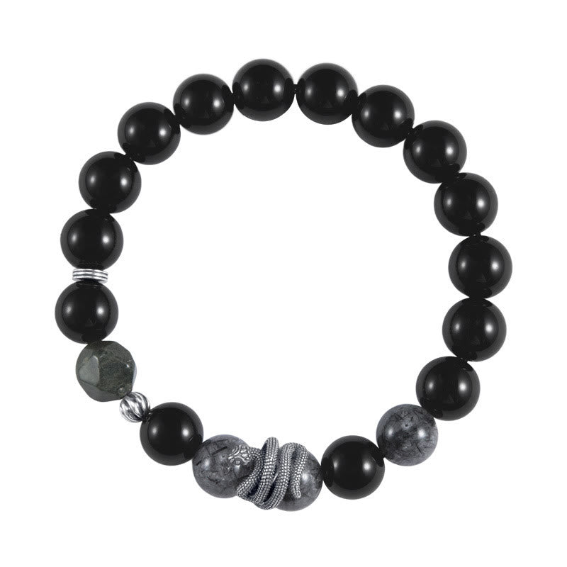 Buddha Stones Ossidiana nera Quarzo rutilato nero Argento Sterling 925 Braccialetto di purificazione dell'anno del serpente