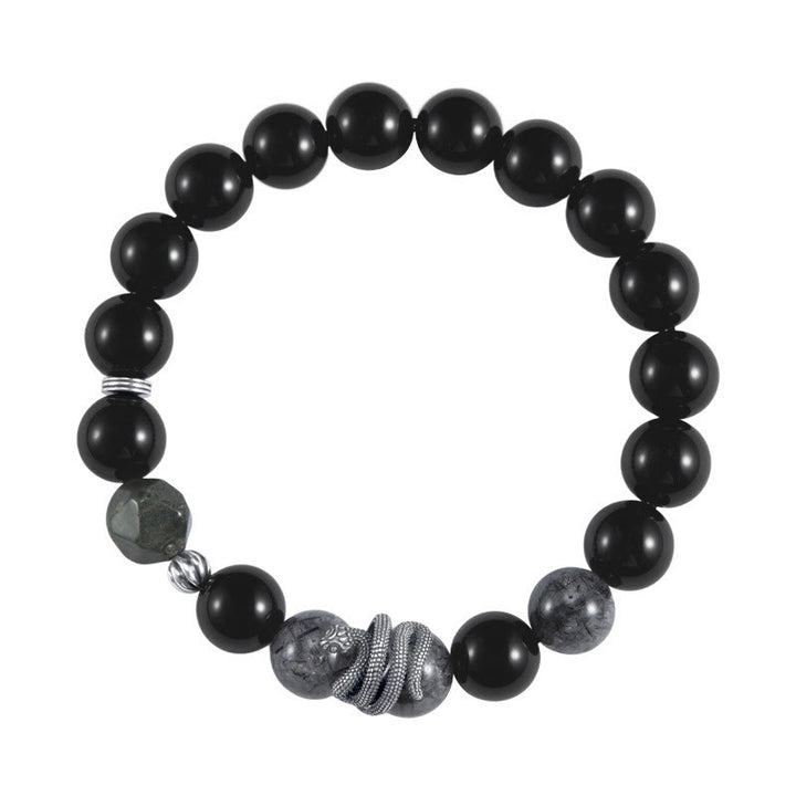 Buddha Stones Ossidiana nera Quarzo rutilato nero Argento Sterling 925 Braccialetto di purificazione dell'anno del serpente