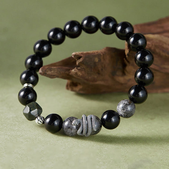 Buddha Stones Ossidiana nera Quarzo rutilato nero Argento Sterling 925 Braccialetto di purificazione dell'anno del serpente