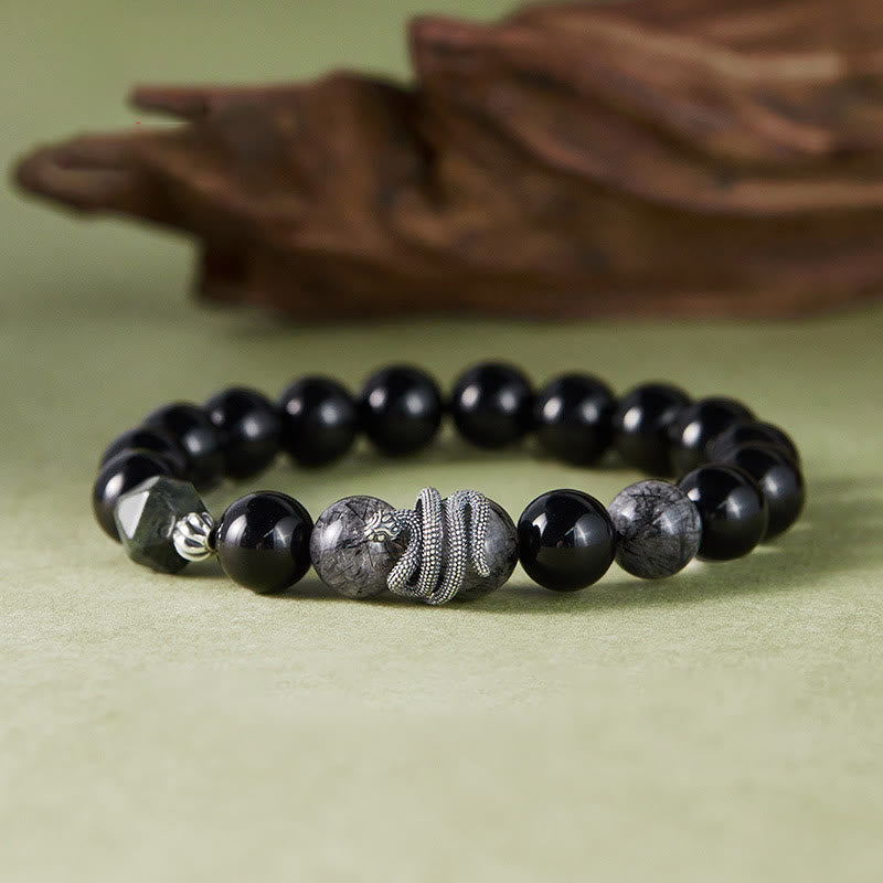 Buddha Stones Ossidiana nera Quarzo rutilato nero Argento Sterling 925 Braccialetto di purificazione dell'anno del serpente - Ossidiana nera, quarzo rutilato nero, argento sterling 925 (circonferenza polso: 18-20 cm) - image 0