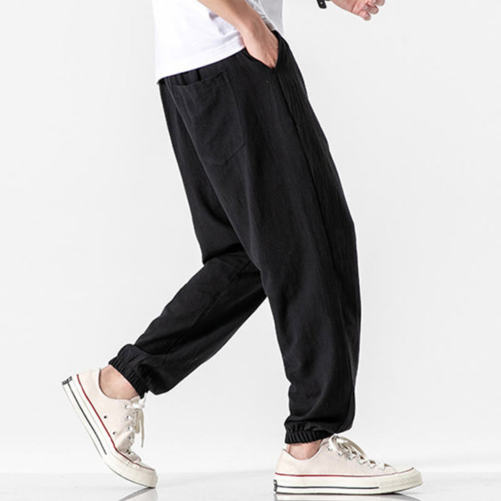 Pantaloni da uomo in cotone con coulisse tinta unita Buddha Stones con tasche - image 9