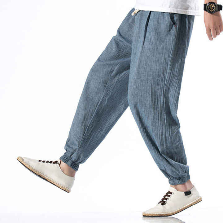 Pantaloni da uomo in lino con coulisse, casual, tinta unita, con tasche , Buddha Stones
