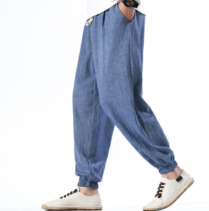 Pantaloni da uomo in lino con coulisse, casual, tinta unita, con tasche , Buddha Stones