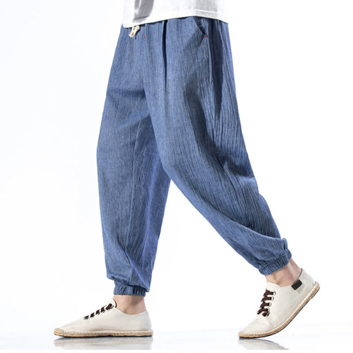Pantaloni da uomo in lino con coulisse, casual, tinta unita, con tasche , Buddha Stones