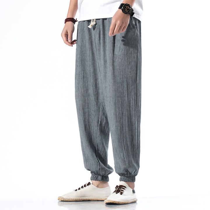 Pantaloni da uomo in lino con coulisse, casual, tinta unita, con tasche , Buddha Stones