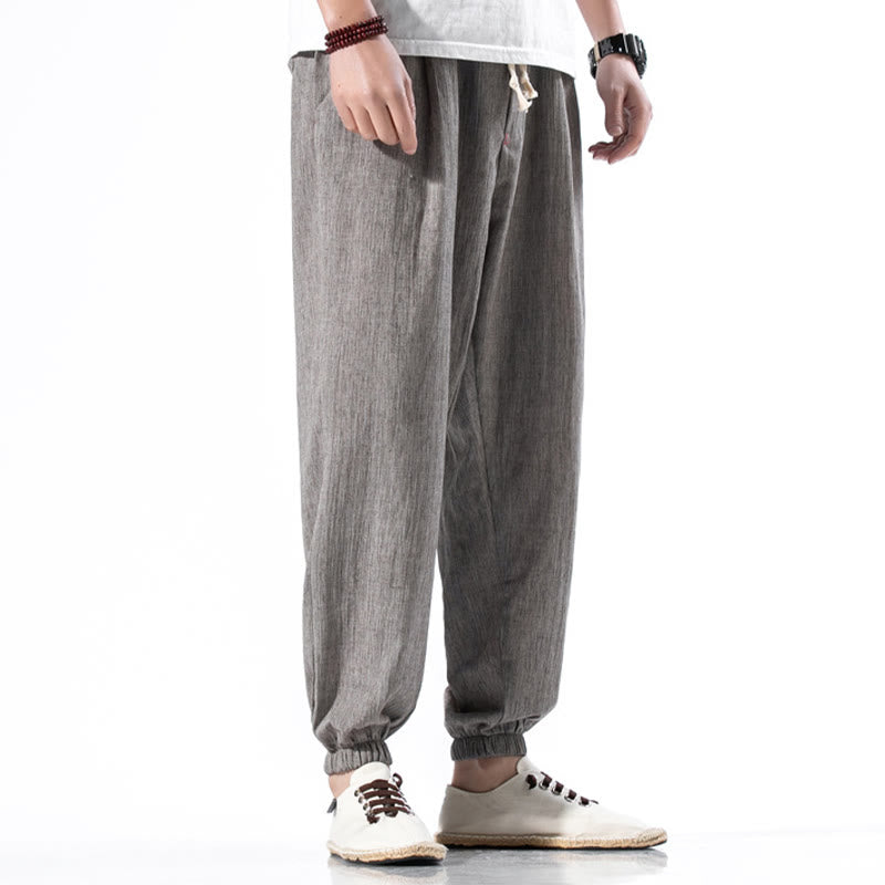Pantaloni da uomo in lino con coulisse, casual, tinta unita, con tasche , Buddha Stones - image 33