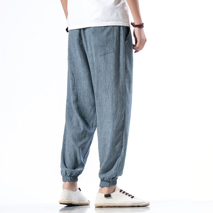 Pantaloni da uomo in lino con coulisse, casual, tinta unita, con tasche , Buddha Stones
