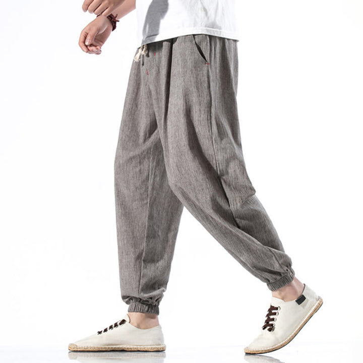 Pantaloni da uomo in lino con coulisse, casual, tinta unita, con tasche , Buddha Stones