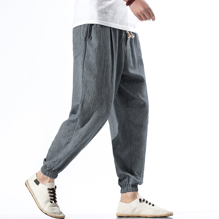 Pantaloni da uomo in lino con coulisse, casual, tinta unita, con tasche , Buddha Stones
