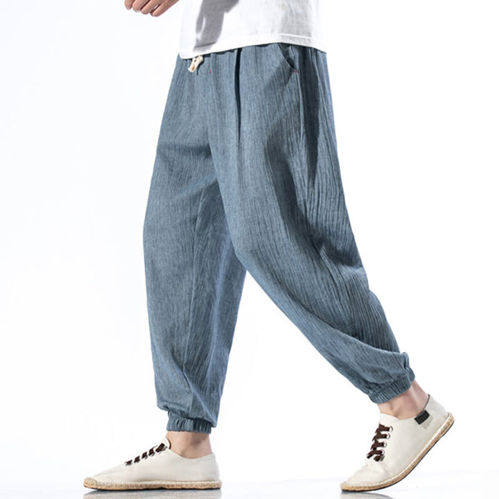 Pantaloni da uomo in lino con coulisse, casual, tinta unita, con tasche , Buddha Stones