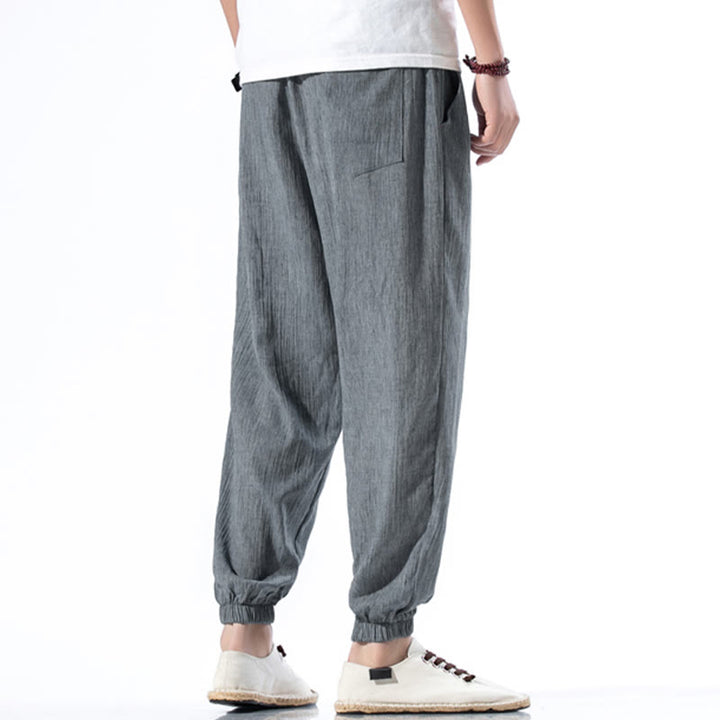 Pantaloni da uomo in lino con coulisse, casual, tinta unita, con tasche , Buddha Stones