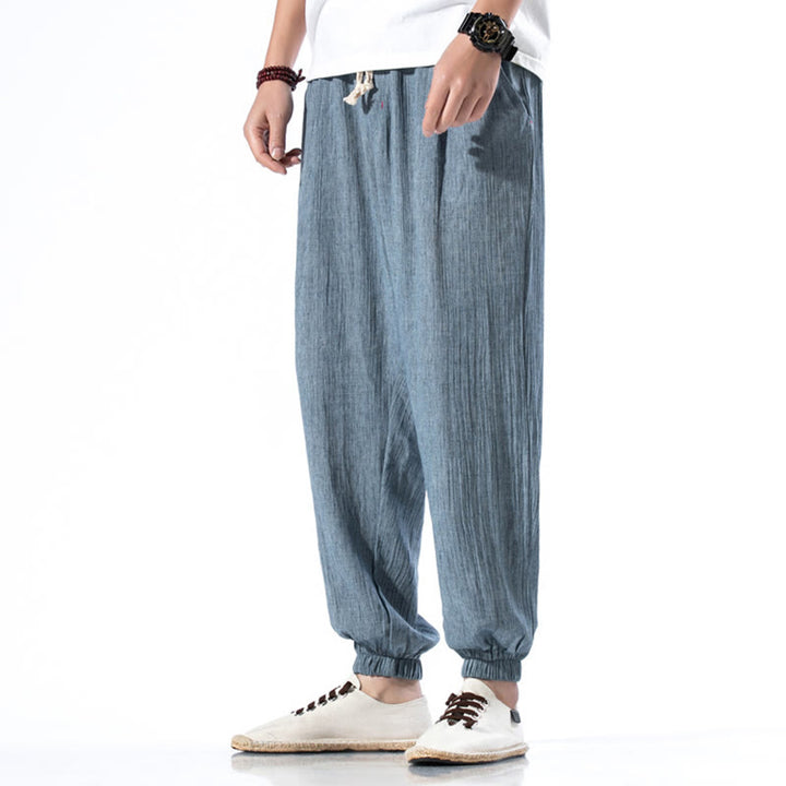 Pantaloni da uomo in lino con coulisse, casual, tinta unita, con tasche , Buddha Stones - image 3
