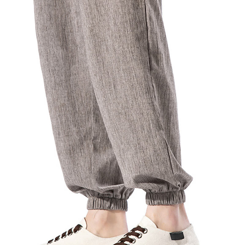 Pantaloni da uomo in lino con coulisse, casual, tinta unita, con tasche , Buddha Stones