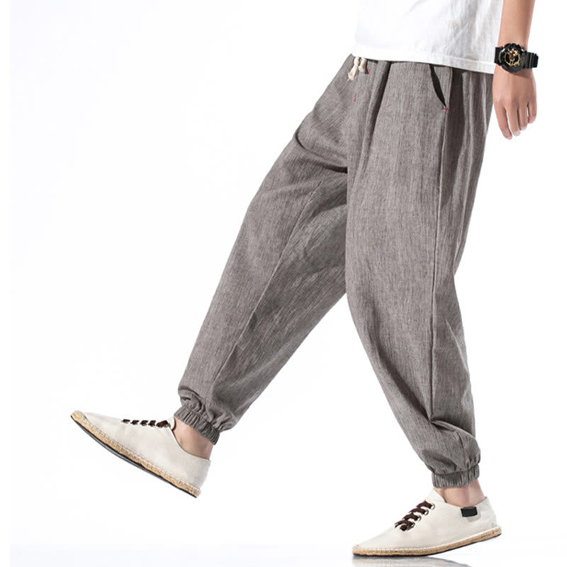 Pantaloni da uomo in lino con coulisse, casual, tinta unita, con tasche , Buddha Stones - image 30