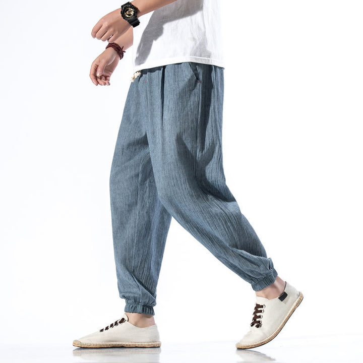 Pantaloni da uomo in lino con coulisse, casual, tinta unita, con tasche , Buddha Stones