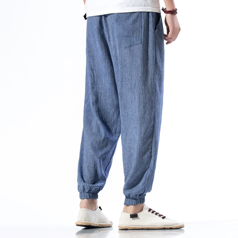 Pantaloni da uomo in lino con coulisse, casual, tinta unita, con tasche , Buddha Stones