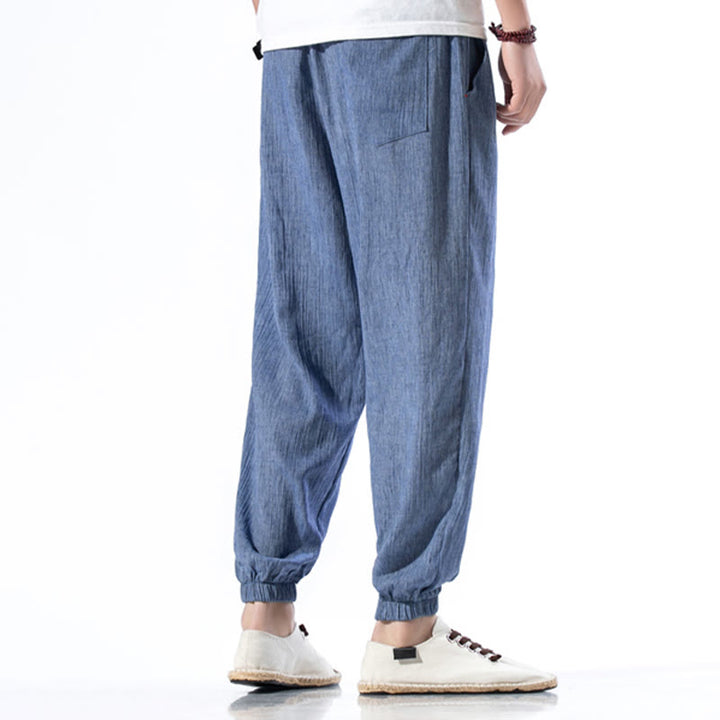 Pantaloni da uomo in lino con coulisse, casual, tinta unita, con tasche , Buddha Stones