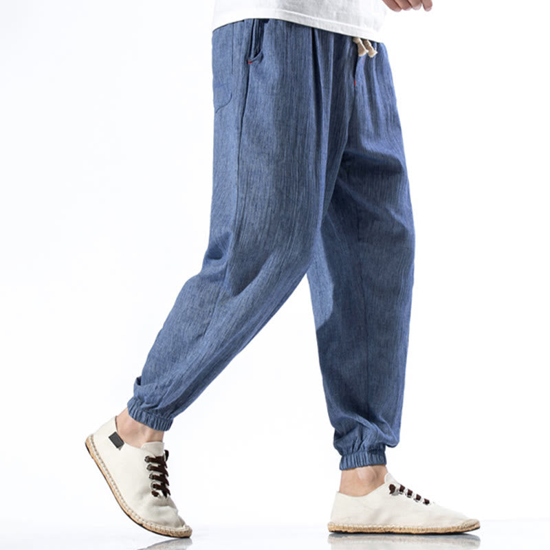 Pantaloni da uomo in lino con coulisse, casual, tinta unita, con tasche , Buddha Stones