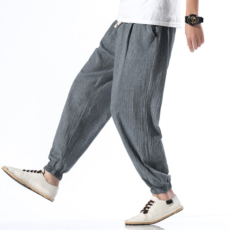 Pantaloni da uomo in lino con coulisse, casual, tinta unita, con tasche , Buddha Stones - image 24