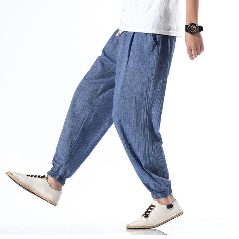 Pantaloni da uomo in lino con coulisse, casual, tinta unita, con tasche , Buddha Stones