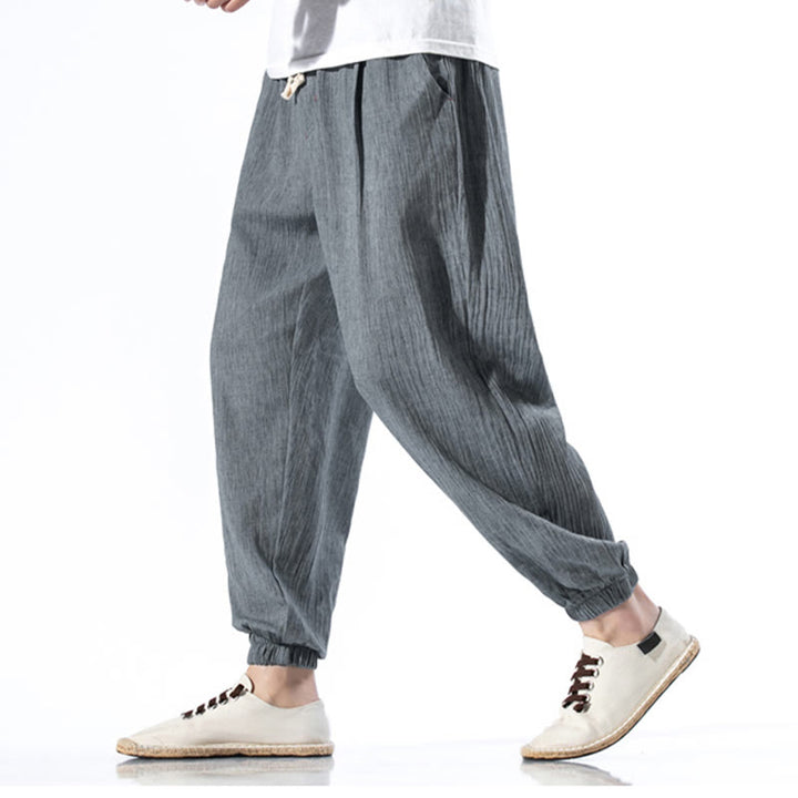 Pantaloni da uomo in lino con coulisse, casual, tinta unita, con tasche , Buddha Stones