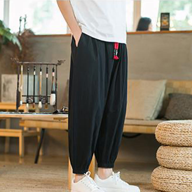 Pantaloni da uomo in lino con coulisse e tasche, tinta unita, rossi , Buddha Stones