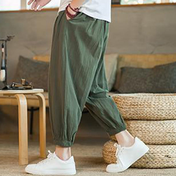Pantaloni da uomo in lino con coulisse e tasche, tinta unita, rossi , Buddha Stones