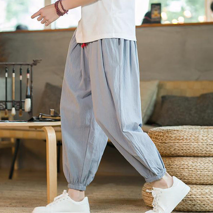Pantaloni da uomo in lino con coulisse e tasche, tinta unita, rossi , Buddha Stones