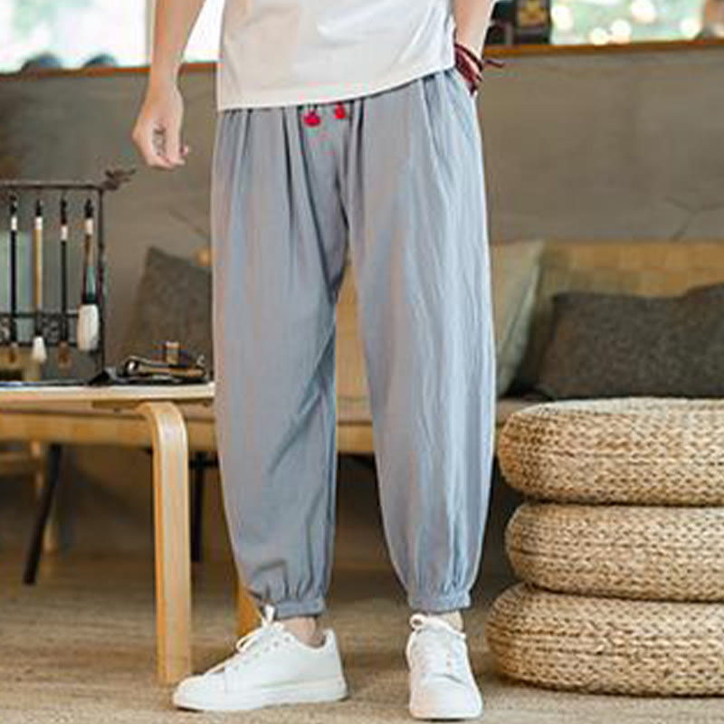 Pantaloni da uomo in lino con coulisse e tasche, tinta unita, rossi , Buddha Stones - AzzurroCielo Chiaro - US/UK/AU46, EU56 (5XL)  - image 23