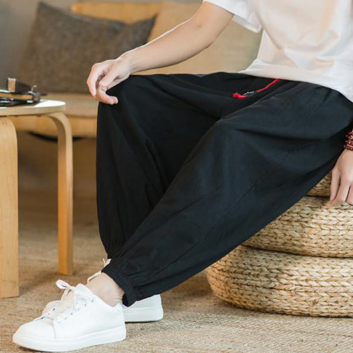Pantaloni da uomo in lino con coulisse e tasche, tinta unita, rossi , Buddha Stones
