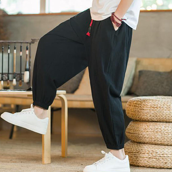 Pantaloni da uomo in lino con coulisse e tasche, tinta unita, rossi , Buddha Stones