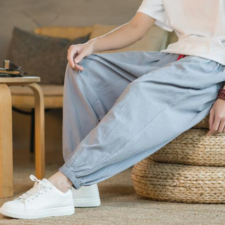 Pantaloni da uomo in lino con coulisse e tasche, tinta unita, rossi , Buddha Stones