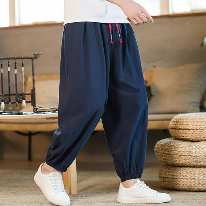 Pantaloni da uomo in lino con coulisse e tasche, tinta unita, rossi , Buddha Stones