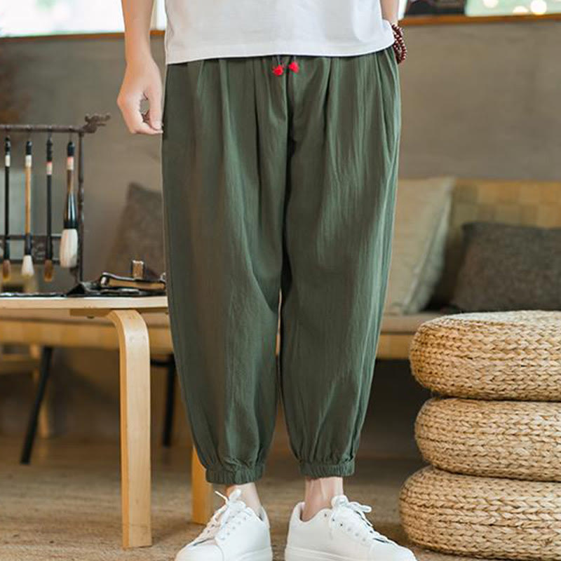 Pantaloni da uomo in lino con coulisse e tasche, tinta unita, rossi , Buddha Stones - image 1