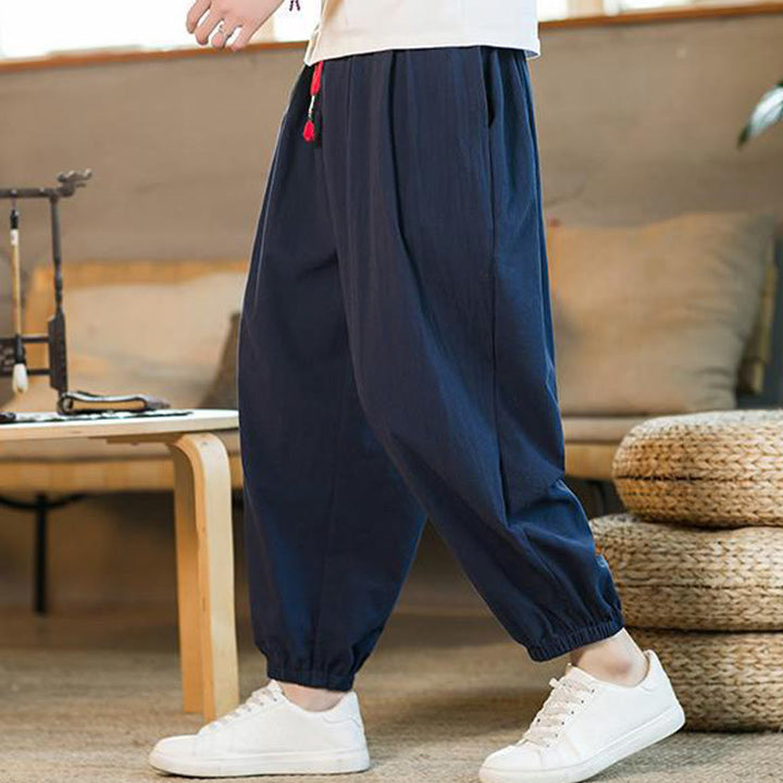 Pantaloni da uomo in lino con coulisse e tasche, tinta unita, rossi , Buddha Stones