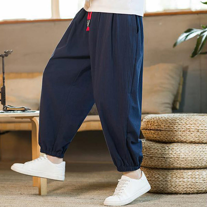 Pantaloni da uomo in lino con coulisse e tasche, tinta unita, rossi , Buddha Stones