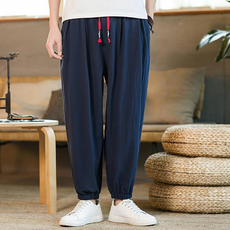 Pantaloni da uomo in lino con coulisse e tasche, tinta unita, rossi , Buddha Stones - Blu scuro - US/UK/AU46, EU56 (5XL)  - image 30