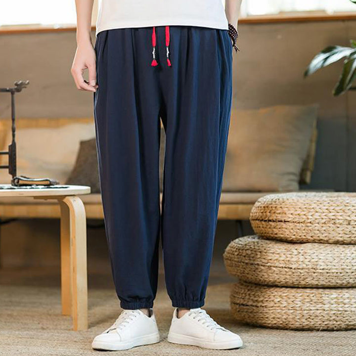 Pantaloni da uomo in lino con coulisse e tasche, tinta unita, rossi , Buddha Stones - Blu scuro - US/UK/AU46, EU56 (5XL)  - image 30