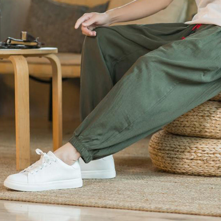 Pantaloni da uomo in lino con coulisse e tasche, tinta unita, rossi , Buddha Stones