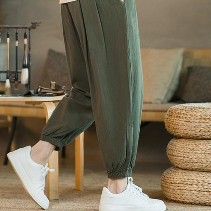 Pantaloni da uomo in lino con coulisse e tasche, tinta unita, rossi , Buddha Stones