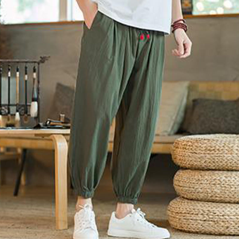 Pantaloni da uomo in lino con coulisse e tasche, tinta unita, rossi , Buddha Stones - image 4