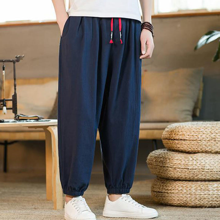 Pantaloni da uomo in lino con coulisse e tasche, tinta unita, rossi , Buddha Stones - image 31