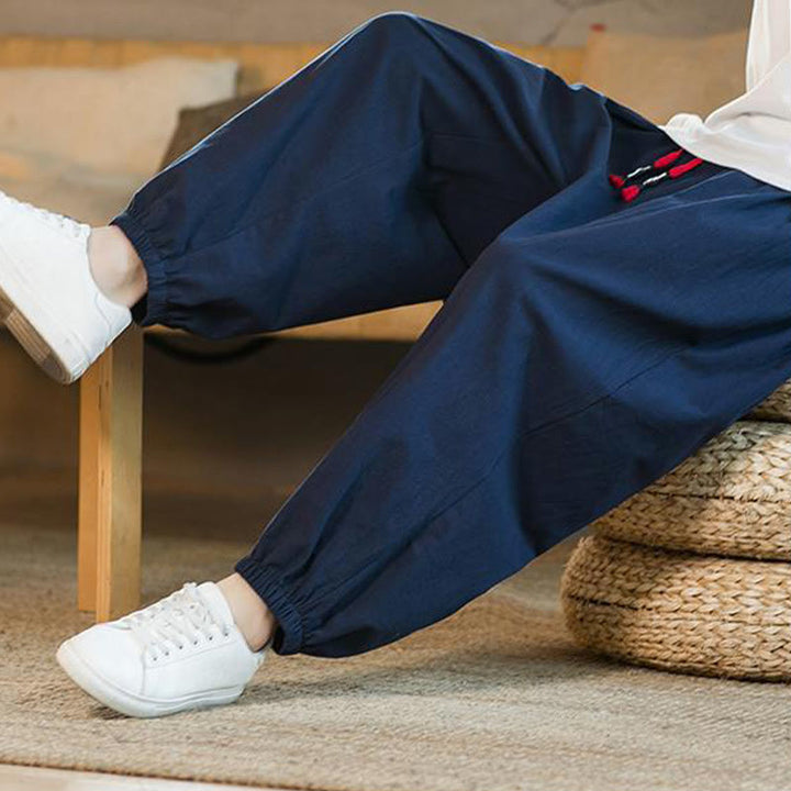 Pantaloni da uomo in lino con coulisse e tasche, tinta unita, rossi , Buddha Stones