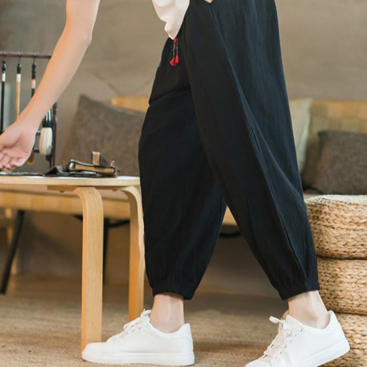 Pantaloni da uomo in lino con coulisse e tasche, tinta unita, rossi , Buddha Stones