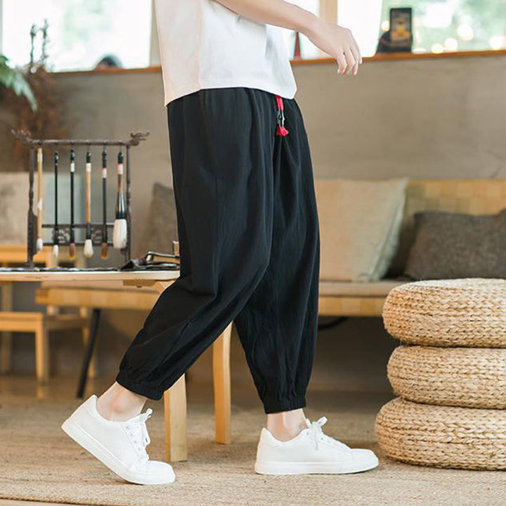 Pantaloni da uomo in lino con coulisse e tasche, tinta unita, rossi , Buddha Stones