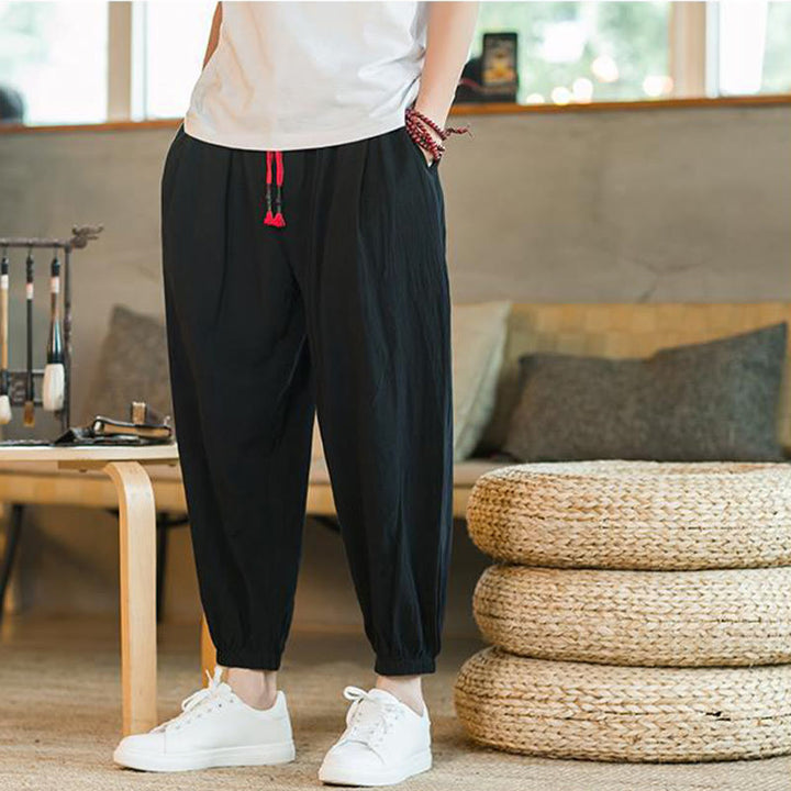 Pantaloni da uomo in lino con coulisse e tasche, tinta unita, rossi , Buddha Stones