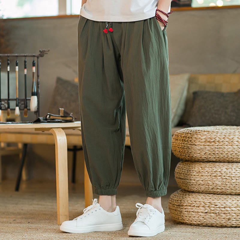 Pantaloni da uomo in lino con coulisse e tasche, tinta unita, rossi , Buddha Stones