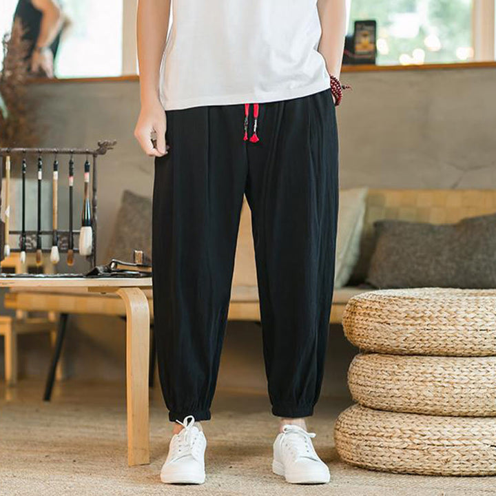 Pantaloni da uomo in lino con coulisse e tasche, tinta unita, rossi , Buddha Stones - Nero - US/UK/AU46, EU56 (5XL)  - image 12