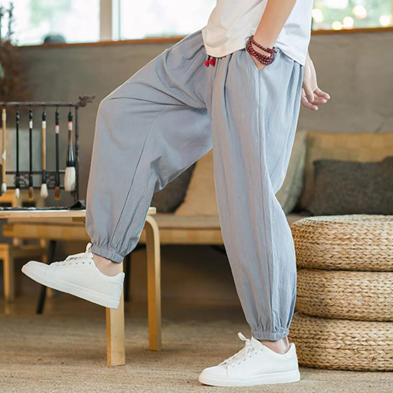 Pantaloni da uomo in lino con coulisse e tasche, tinta unita, rossi , Buddha Stones - image 25