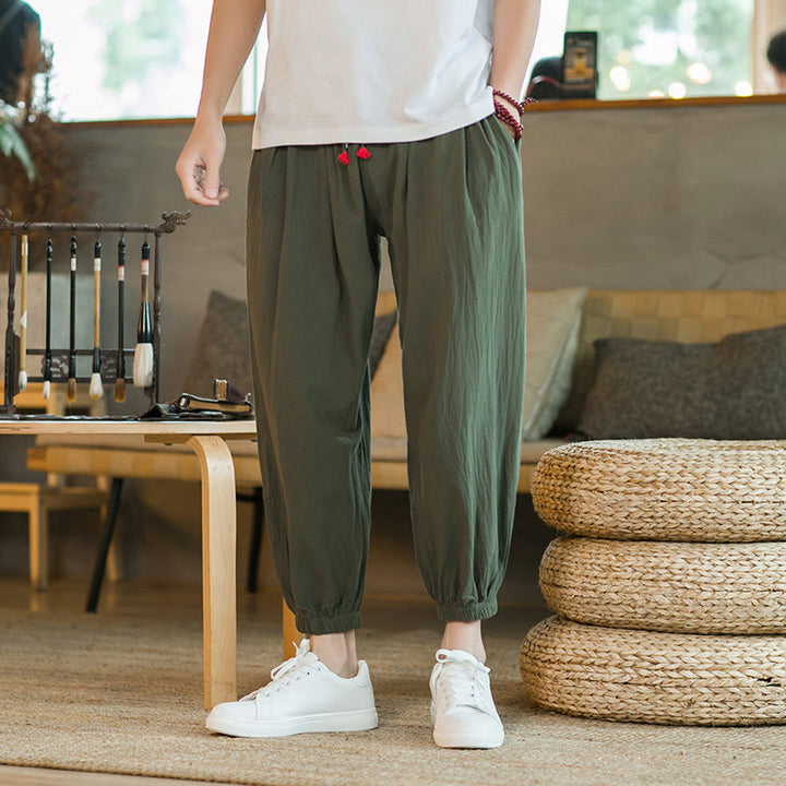 Pantaloni da uomo in lino con coulisse e tasche, tinta unita, rossi , Buddha Stones - Verde - US/UK/AU46, EU56 (5XL)  - image 0